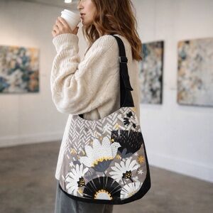 Modern Floral Hobo Shoulder Bag | Black Gray Mustard | Adjustable Strap Like New